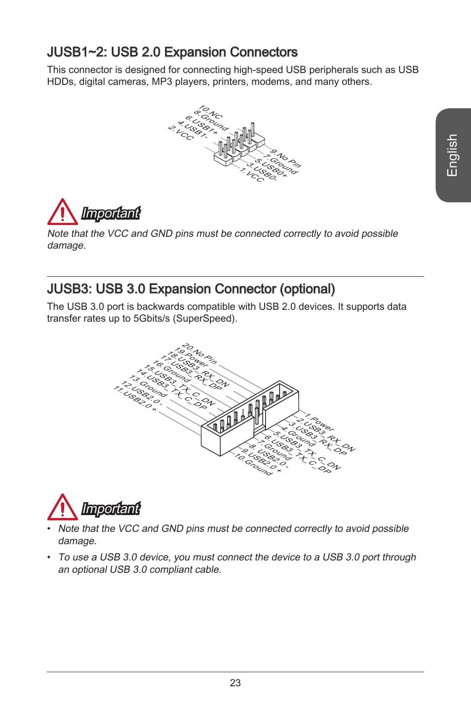 English, Jusb~2: usb 2.0 expansion connectors, Important | Jusb3: usb 3.0 expansion connector (optional) | MSI A78M-E45 User Manual | Page 23 / 186