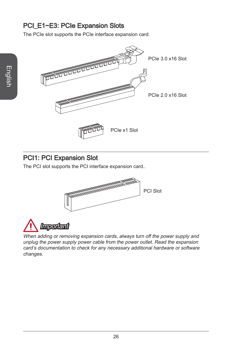 English, Pci_e~e3: pcie expansion slots, Pci: pci expansion slot | Important | MSI A78M-E45 User Manual | Page 26 / 186