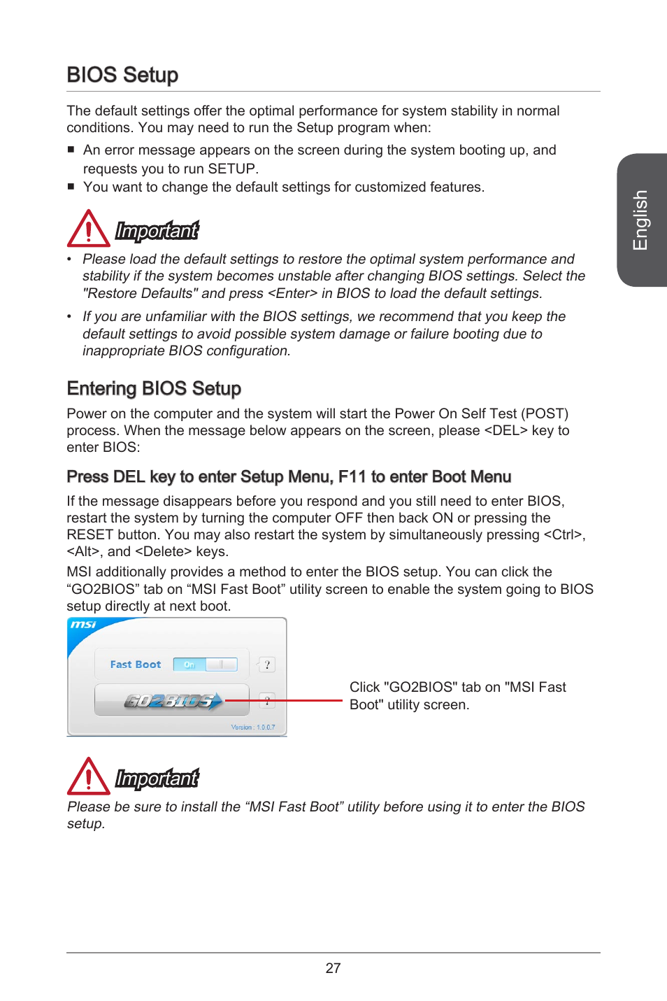 Bios setup, English, Important | Entering bios setup | MSI A78M-E45 User Manual | Page 27 / 186