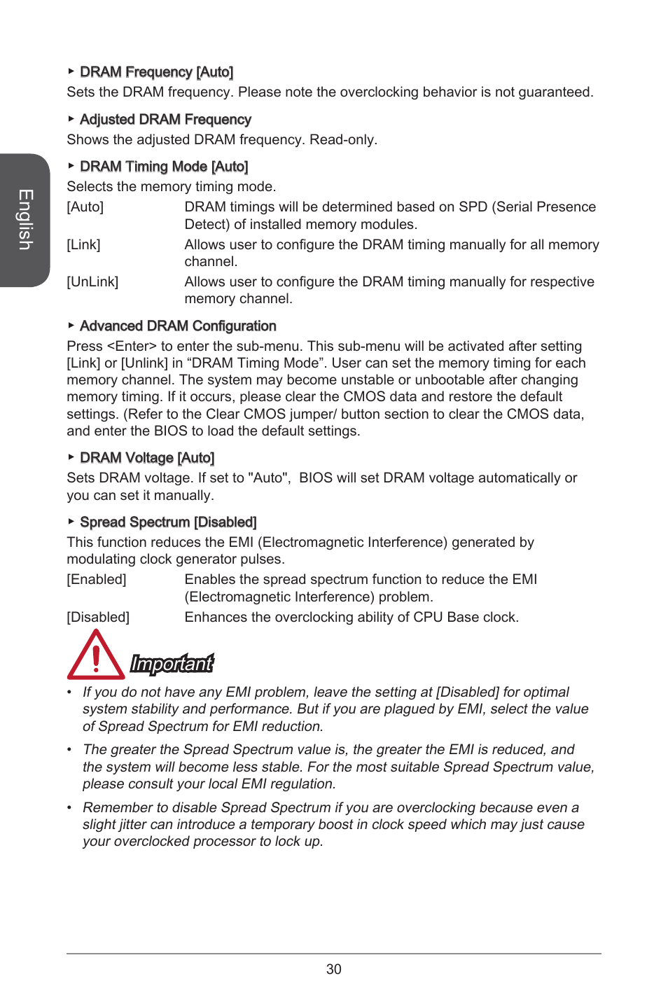 English, Important | MSI A78M-E45 User Manual | Page 30 / 186