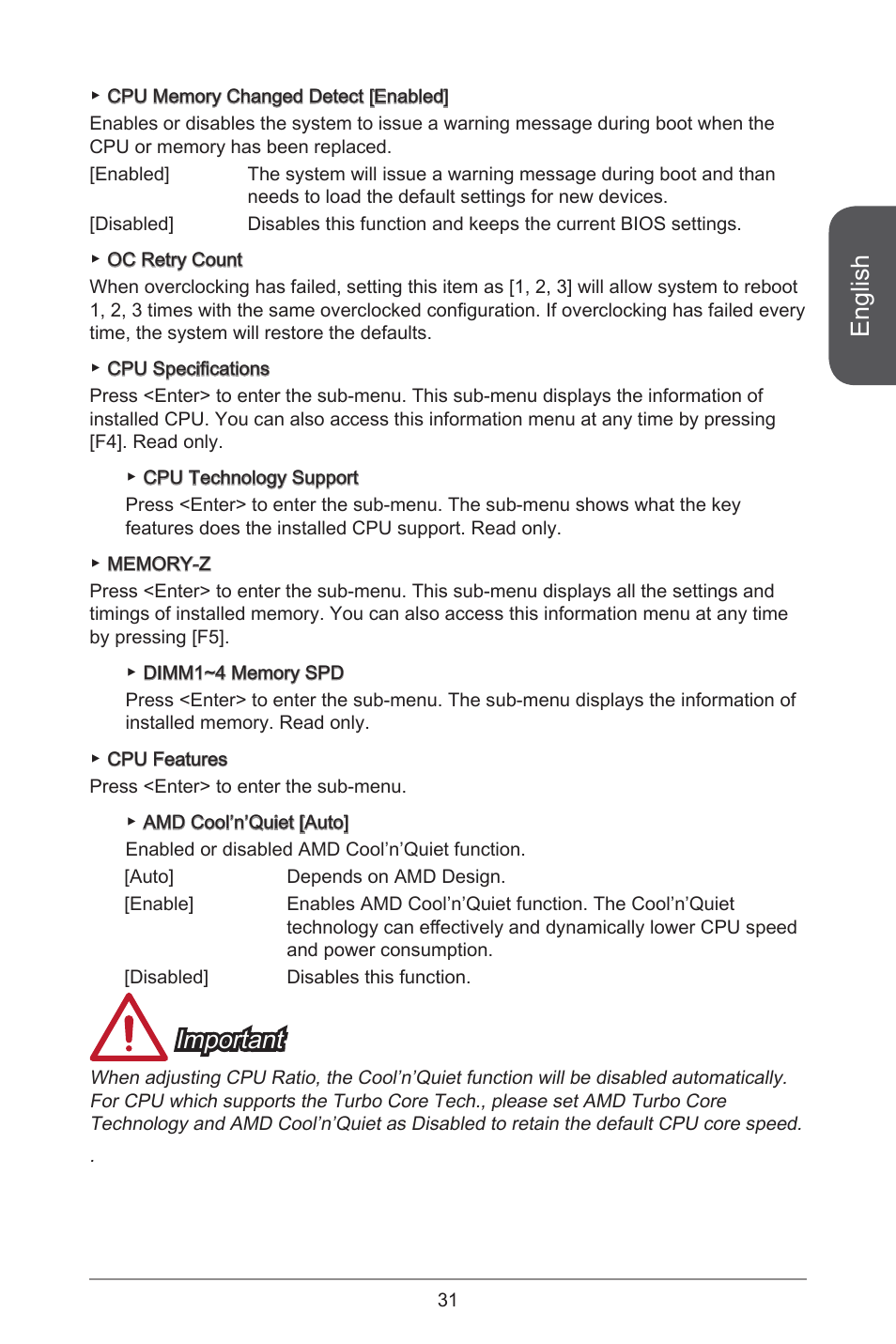 English, Important | MSI A78M-E45 User Manual | Page 31 / 186