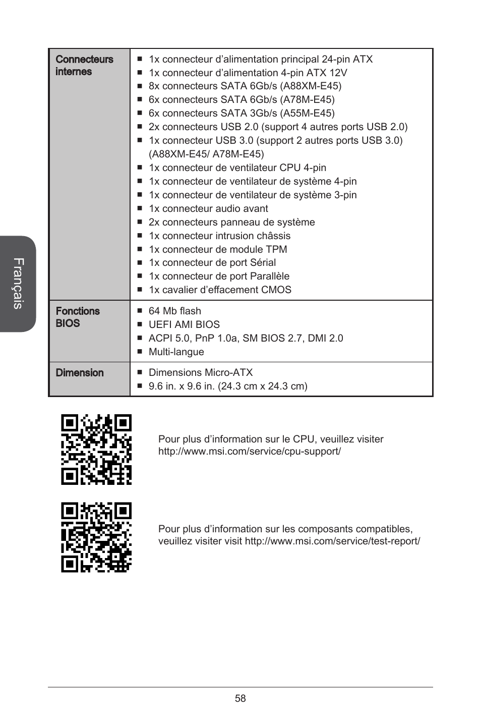 Français | MSI A78M-E45 User Manual | Page 58 / 186
