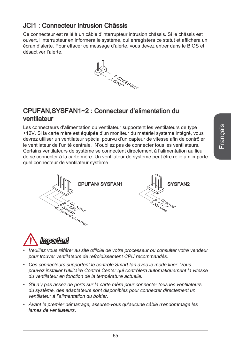 Français, Jci : connecteur intrusion châssis, Important | MSI A78M-E45 User Manual | Page 65 / 186
