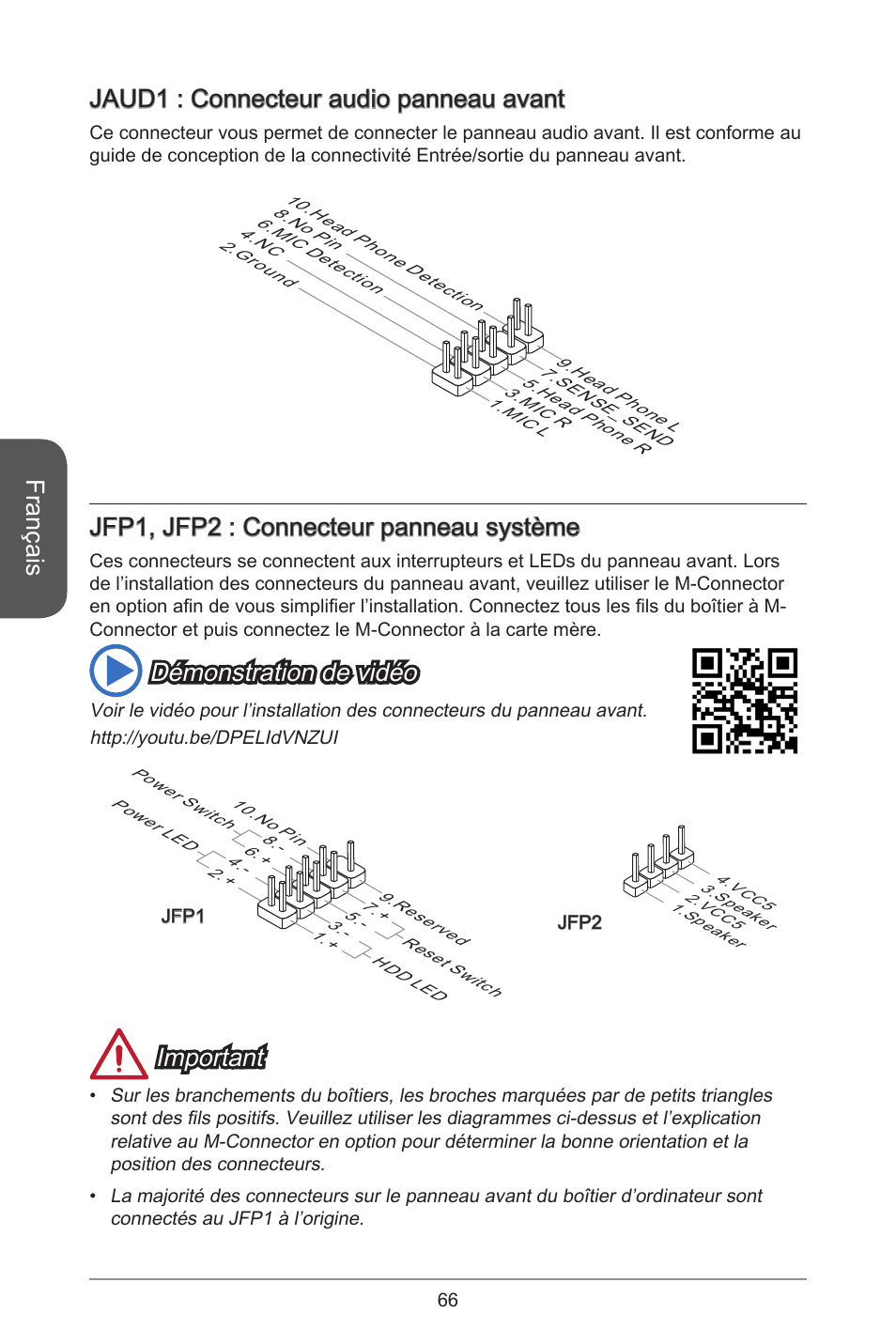 Français, Jaud : connecteur audio panneau avant, Jfp, jfp2 : connecteur panneau système | Démonstration de vidéo, Important | MSI A78M-E45 User Manual | Page 66 / 186