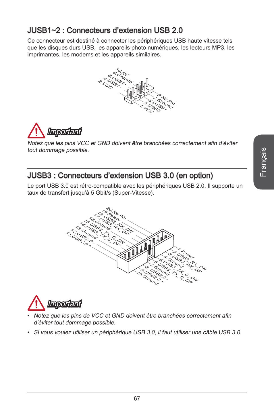 Français, Jusb~2 : connecteurs d’extension usb 2.0, Important | MSI A78M-E45 User Manual | Page 67 / 186