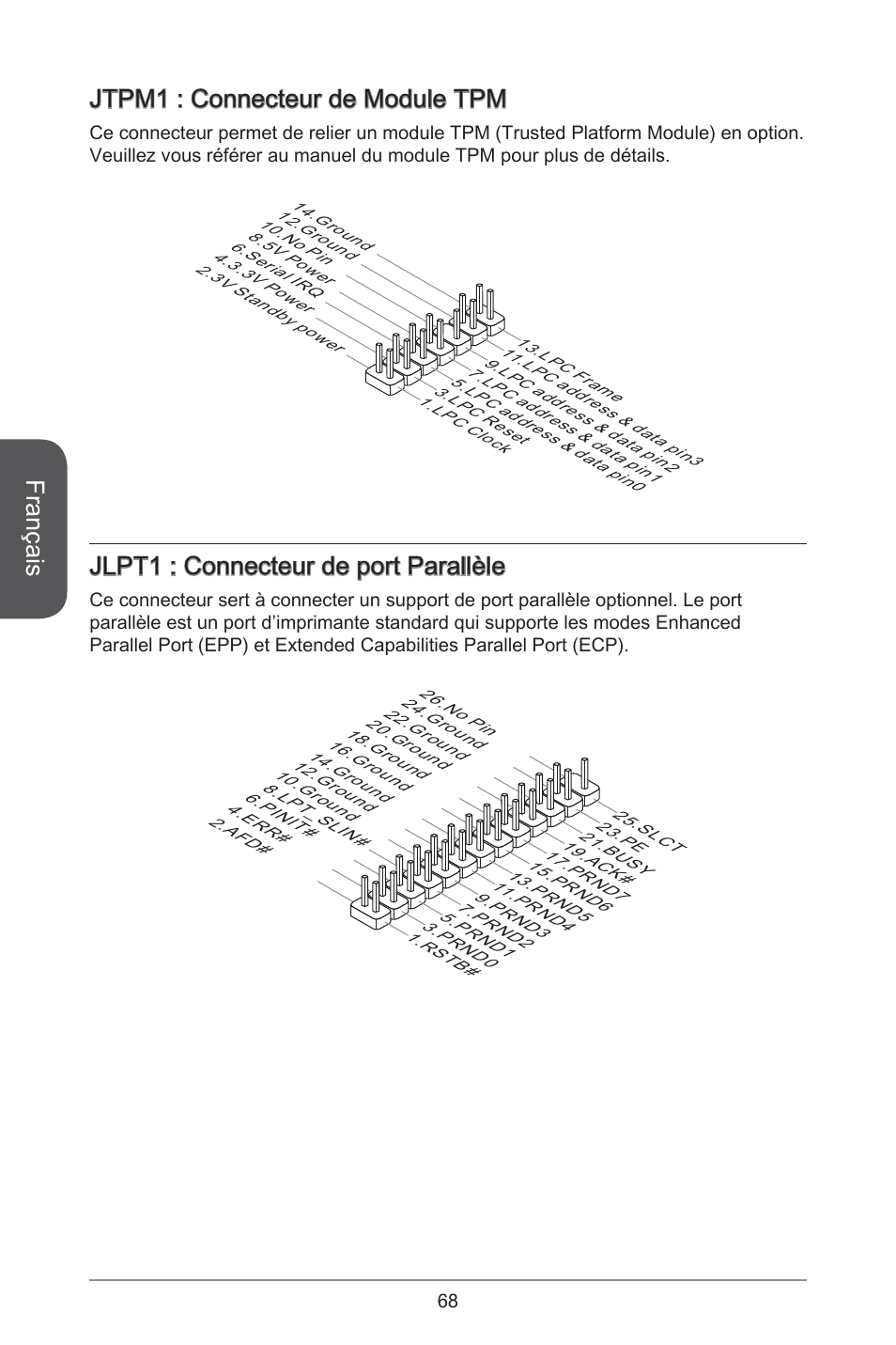 Français, Jtpm : connecteur de module tpm, Jlpt : connecteur de port parallèle | MSI A78M-E45 User Manual | Page 68 / 186