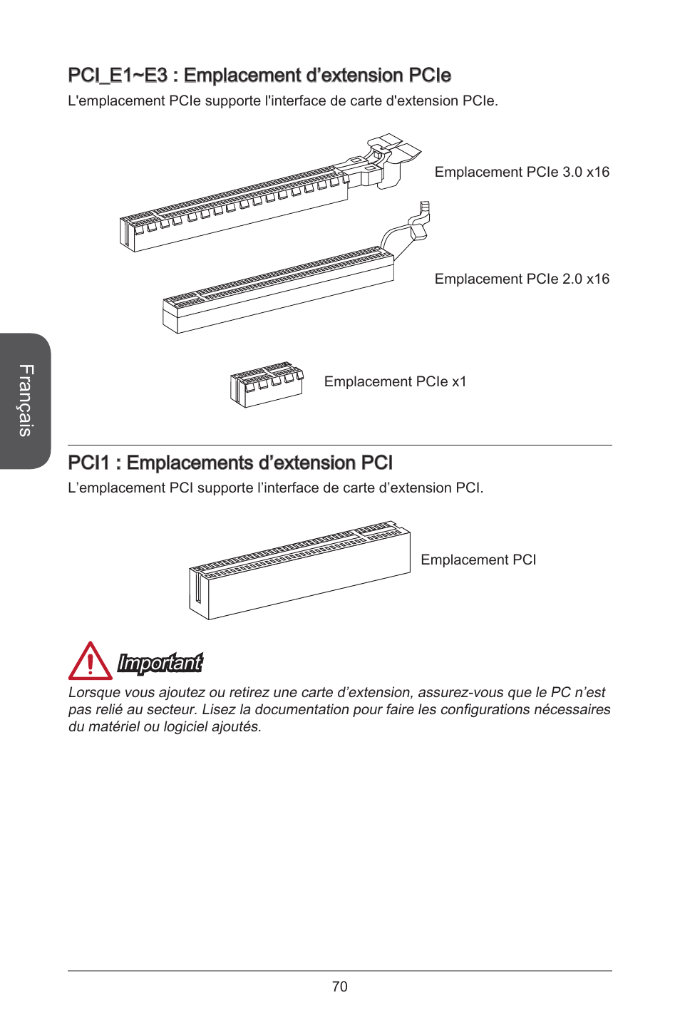 Français, Pci_e~e3 : emplacement d’extension pcie, Pci : emplacements d’extension pci | Important | MSI A78M-E45 User Manual | Page 70 / 186