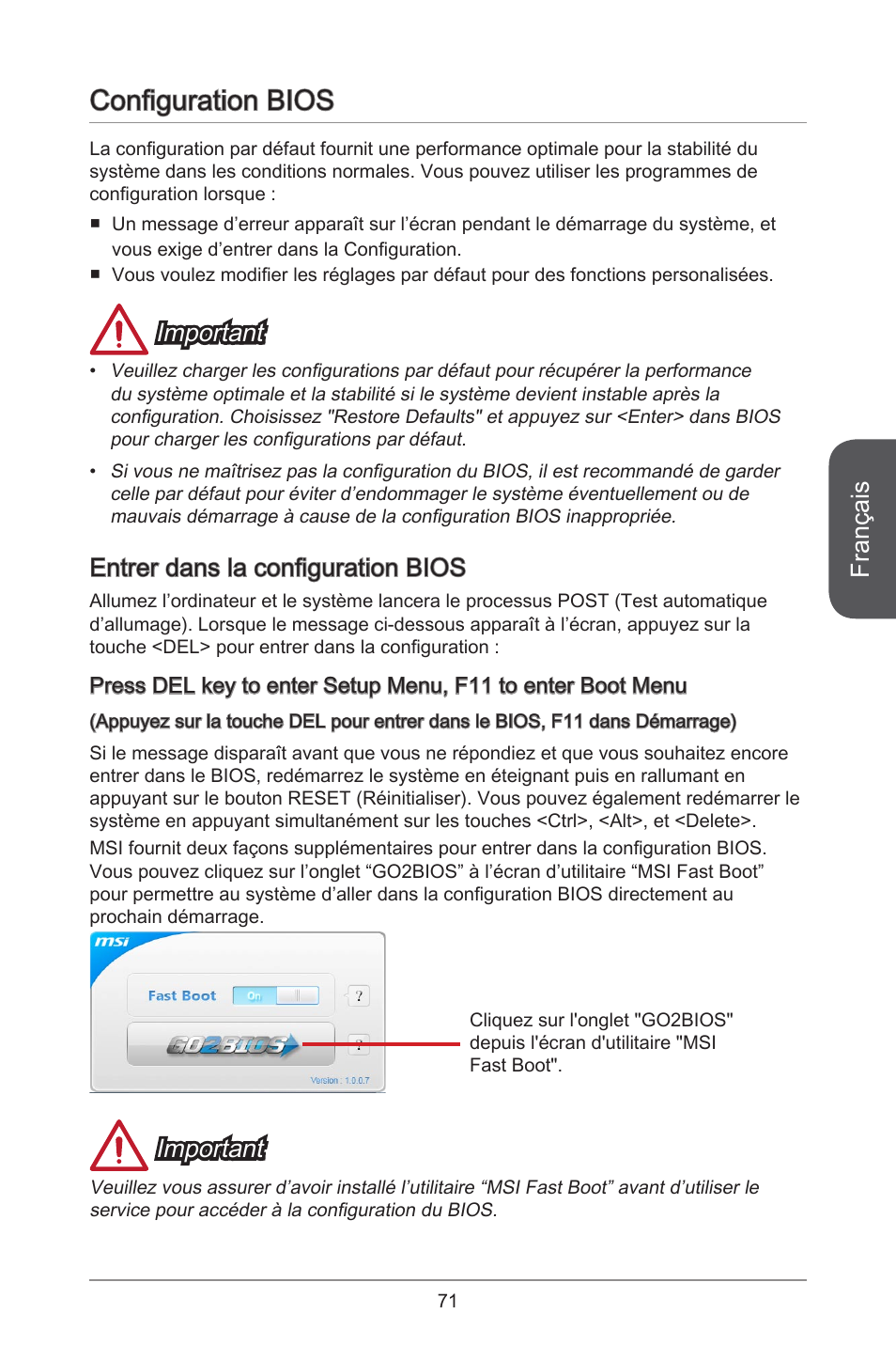 Configuration bios, Français, Important | Entrer dans la configuration bios | MSI A78M-E45 User Manual | Page 71 / 186