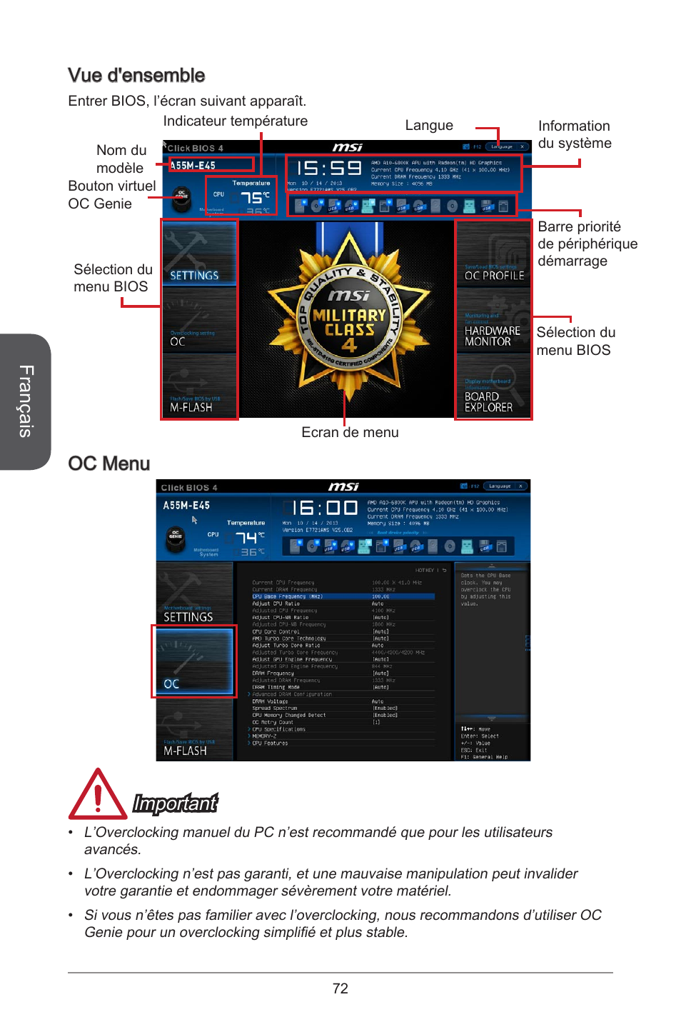 Français, Vue d'ensemble, Oc menu important | MSI A78M-E45 User Manual | Page 72 / 186