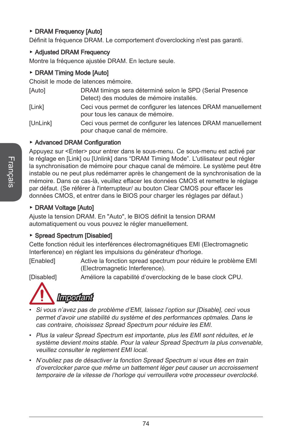 Français, Important | MSI A78M-E45 User Manual | Page 74 / 186