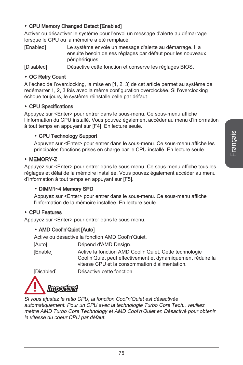 Français, Important | MSI A78M-E45 User Manual | Page 75 / 186