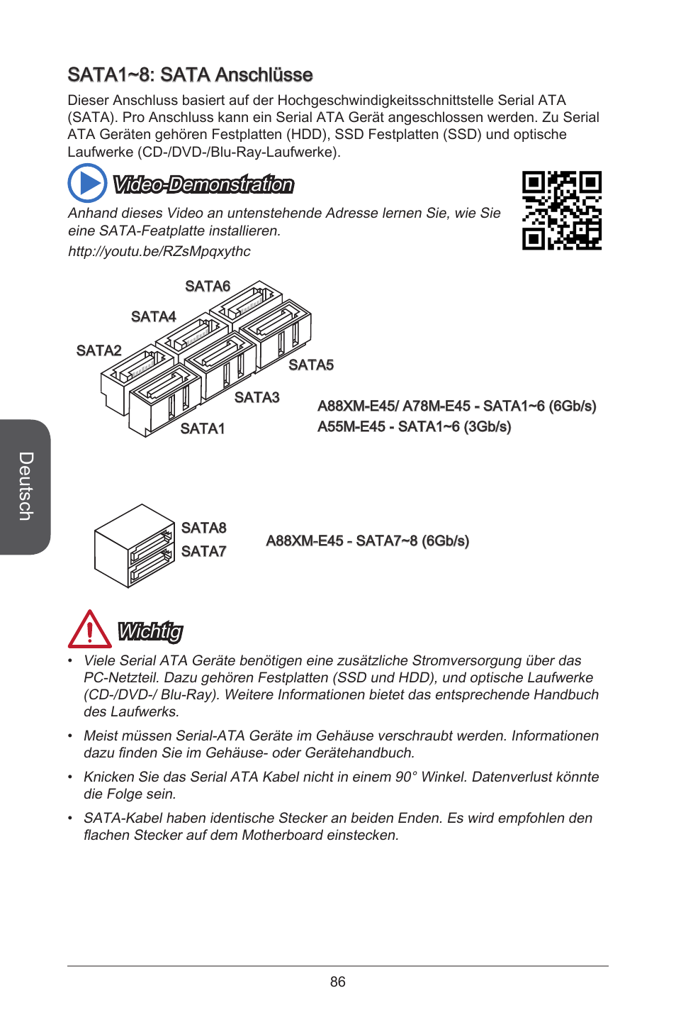 Deutsch, Sata~: sata anschlüsse, Video-demonstration | Wichtig | MSI A78M-E45 User Manual | Page 86 / 186