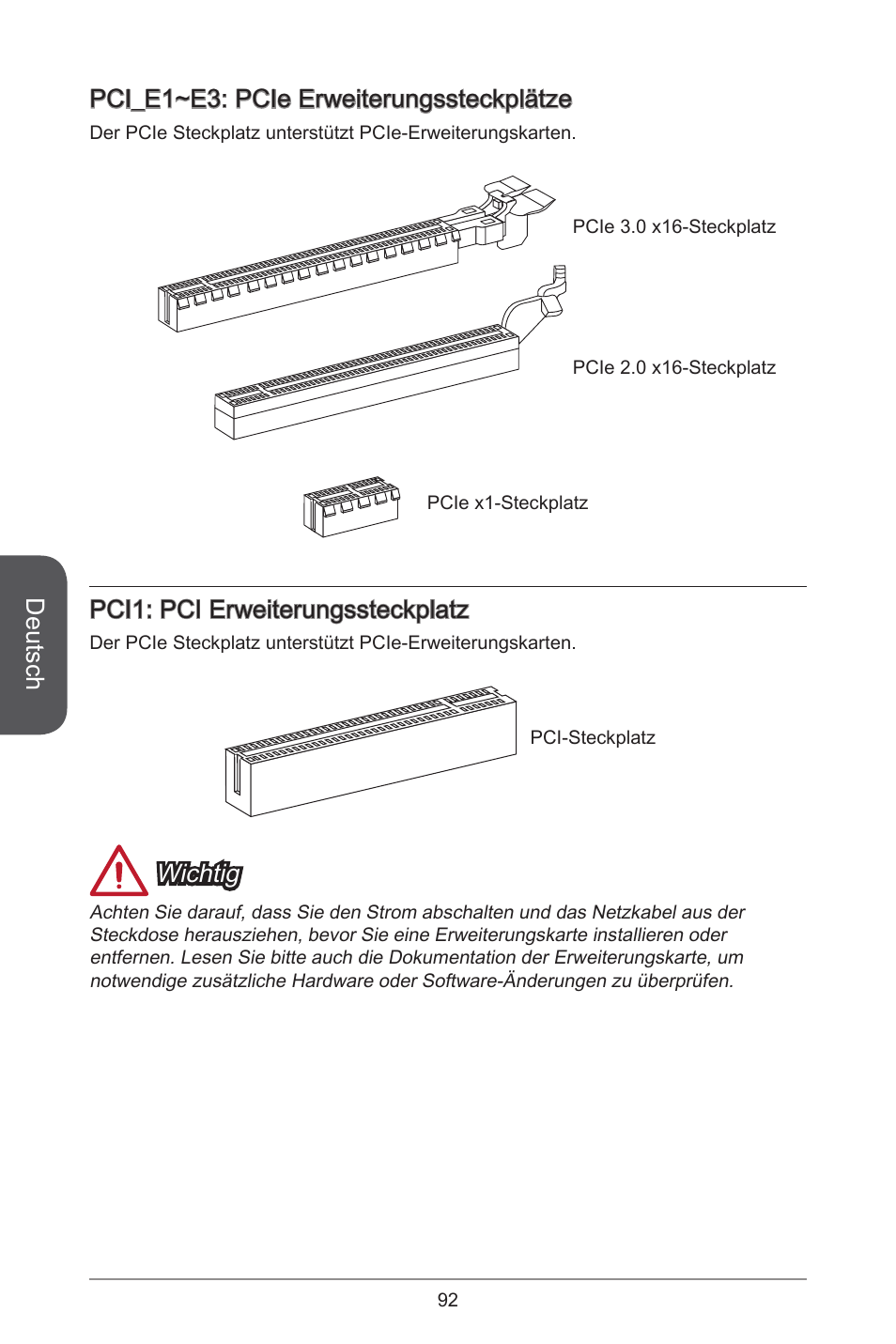 Deutsch, Pci_e~e3: pcie erweiterungssteckplätze, Pci: pci erweiterungssteckplatz | Wichtig | MSI A78M-E45 User Manual | Page 92 / 186