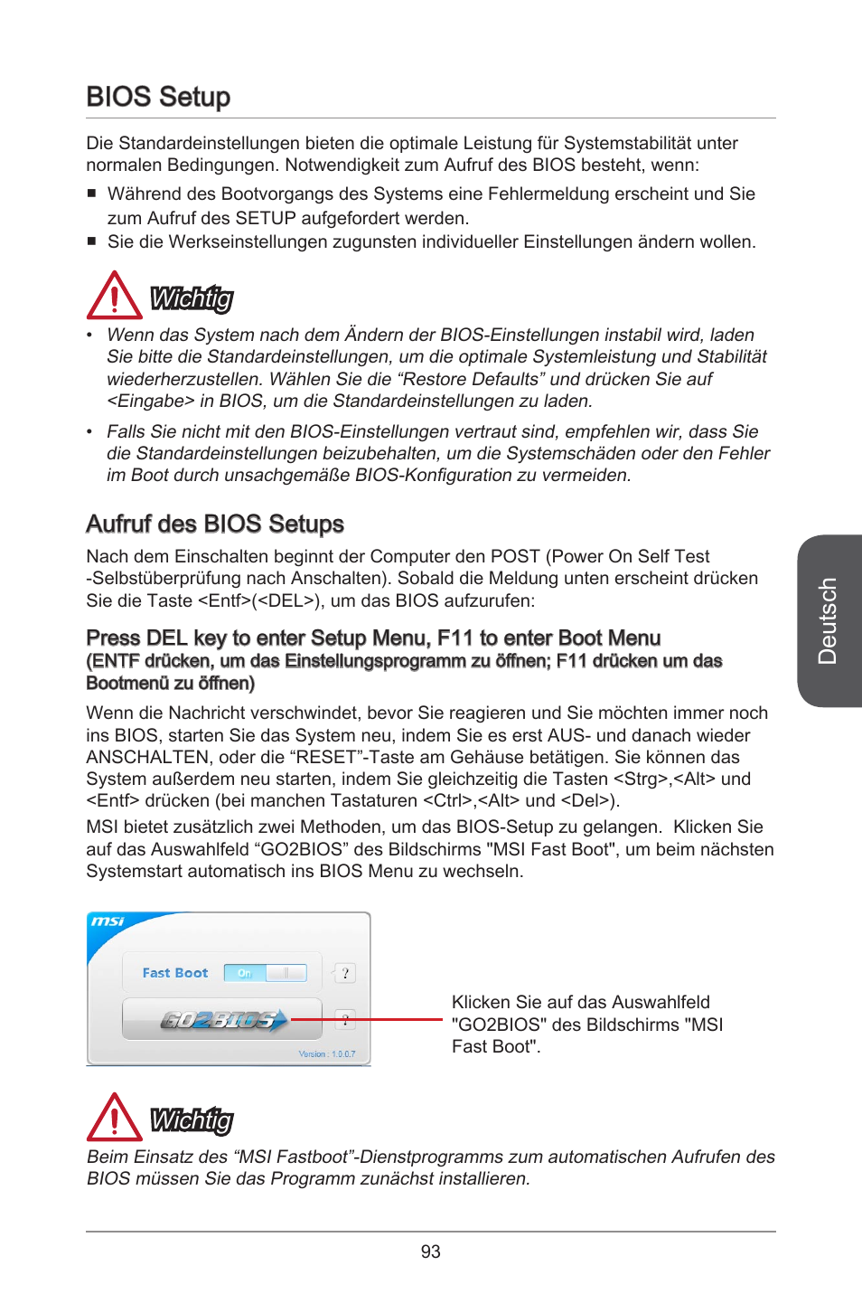 Bios setup, Deutsch, Wichtig | Aufruf des bios setups | MSI A78M-E45 User Manual | Page 93 / 186