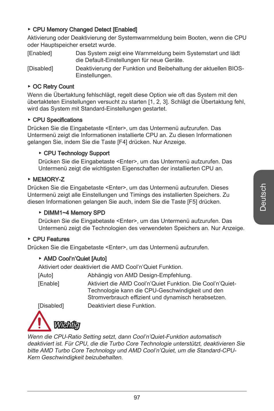 Deutsch, Wichtig | MSI A78M-E45 User Manual | Page 97 / 186