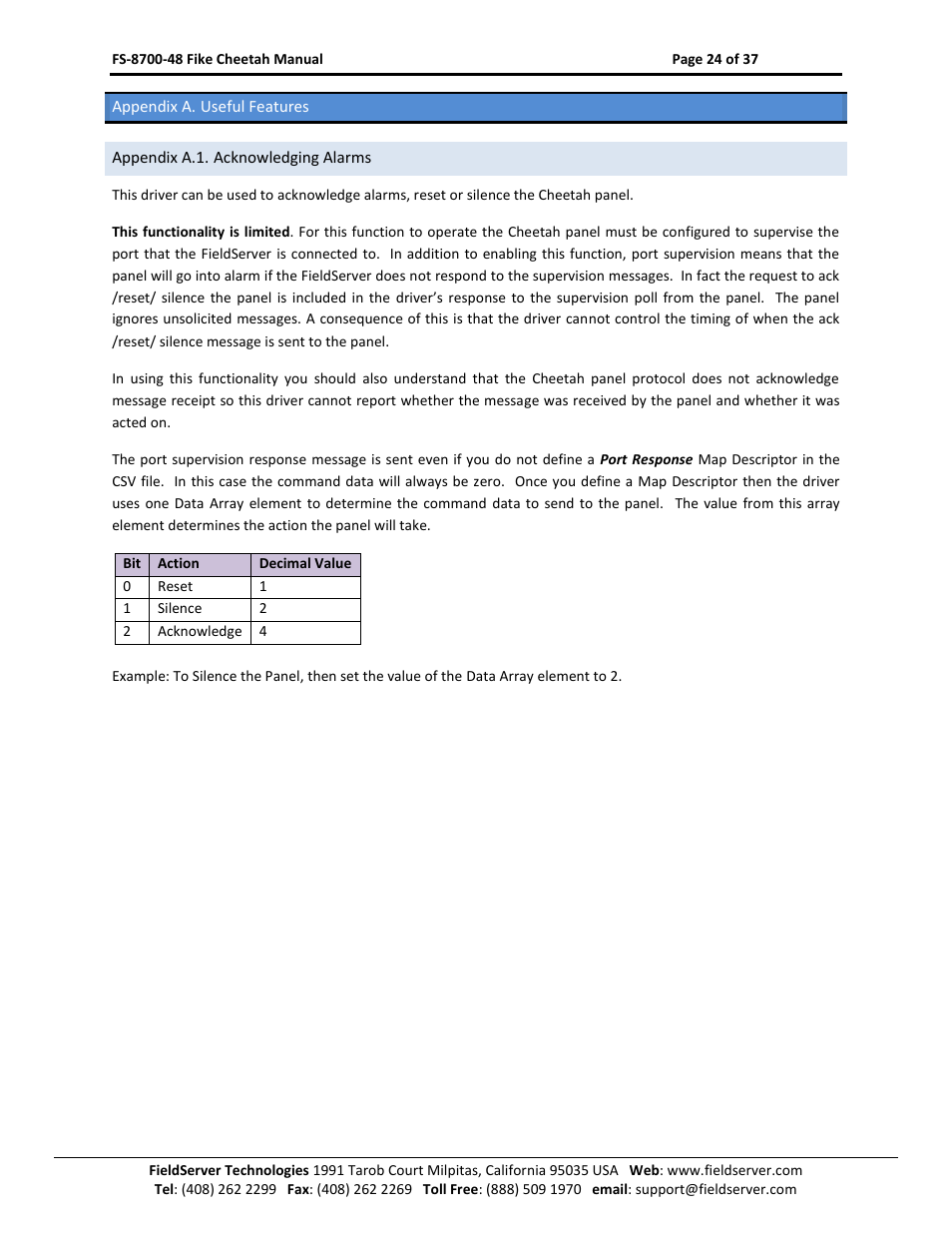 Appendix a. useful features, Appendix a.1. acknowledging alarms, Appendix a.1 | Sierra Monitor Company FS-8700-48 User Manual | Page 23 / 36