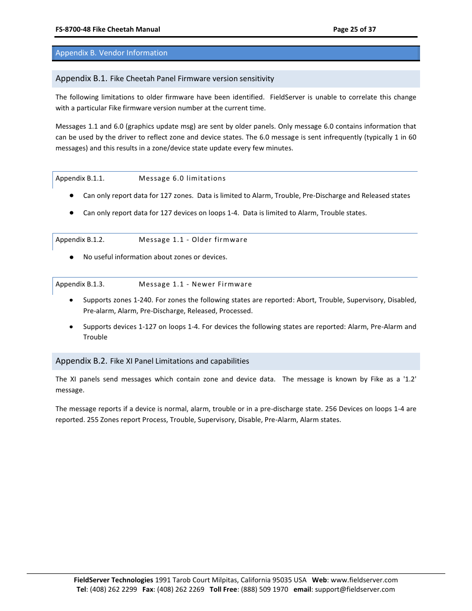 Appendix b. vendor information, Appendix b.1.1, Message 6.0 limitations | Appendix b.1.2, Message 1.1 - older firmware, Appendix b.1.3, Message 1.1 - newer firmware | Sierra Monitor Company FS-8700-48 User Manual | Page 24 / 36