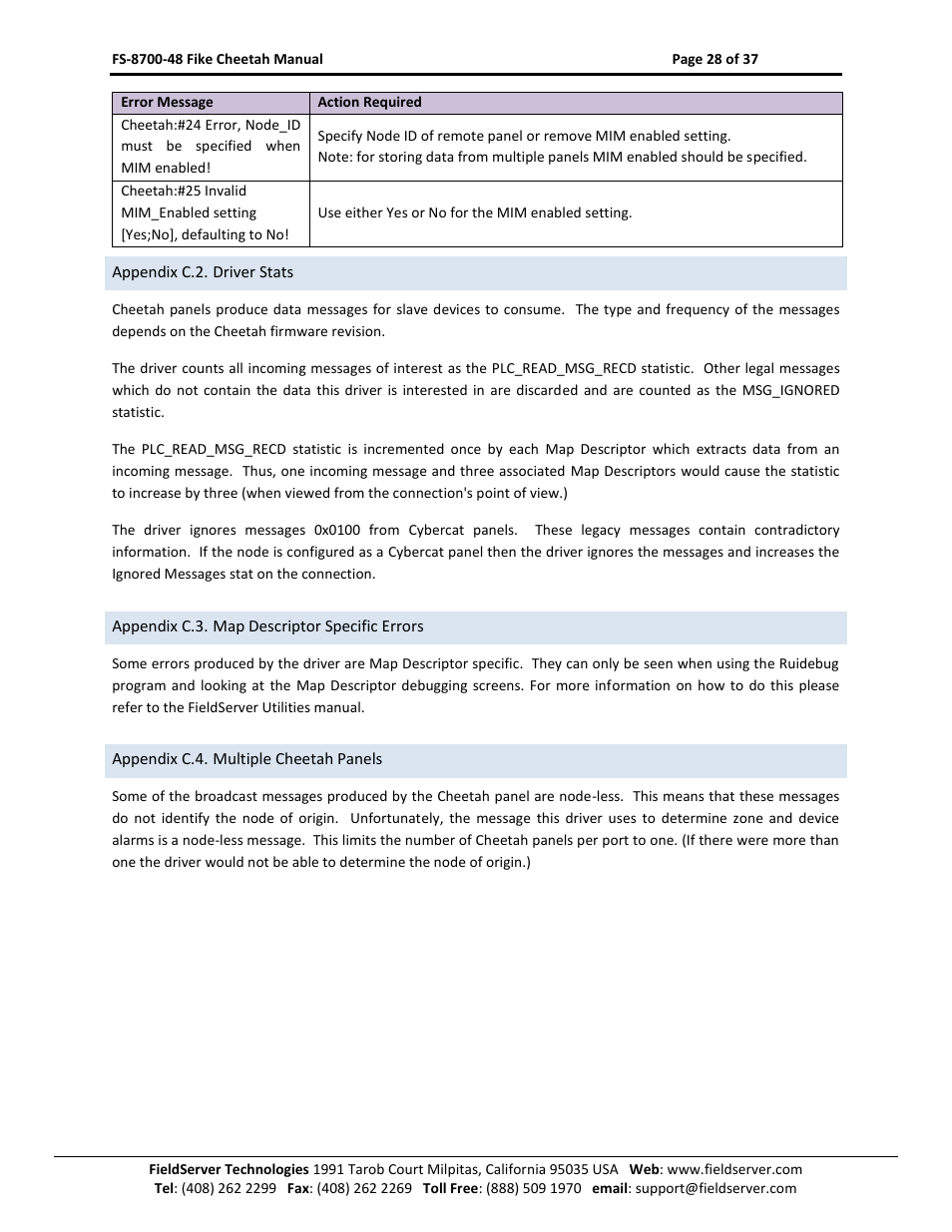 Appendix c.2. driver stats, Appendix c.3. map descriptor specific errors, Appendix c.4. multiple cheetah panels | Sierra Monitor Company FS-8700-48 User Manual | Page 27 / 36