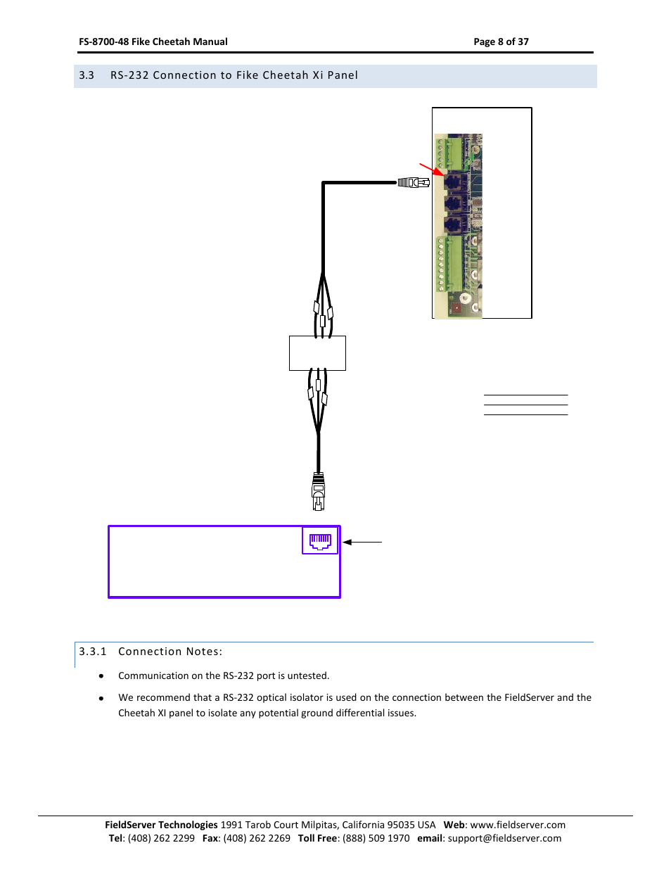 Rs-232 connection to fike cheetah xi panel, Connection notes | Sierra Monitor Company FS-8700-48 User Manual | Page 7 / 36