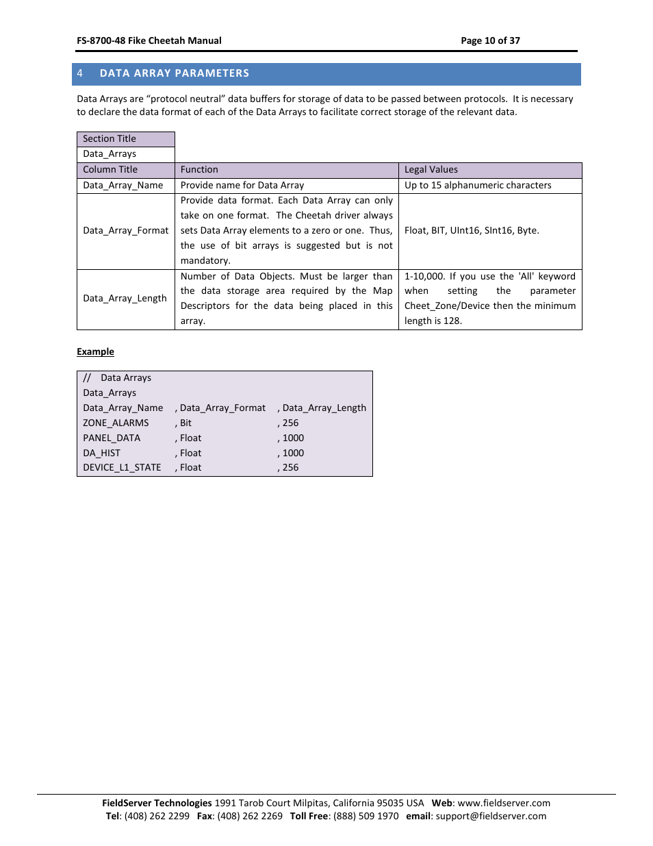 Data array parameters | Sierra Monitor Company FS-8700-48 User Manual | Page 9 / 36