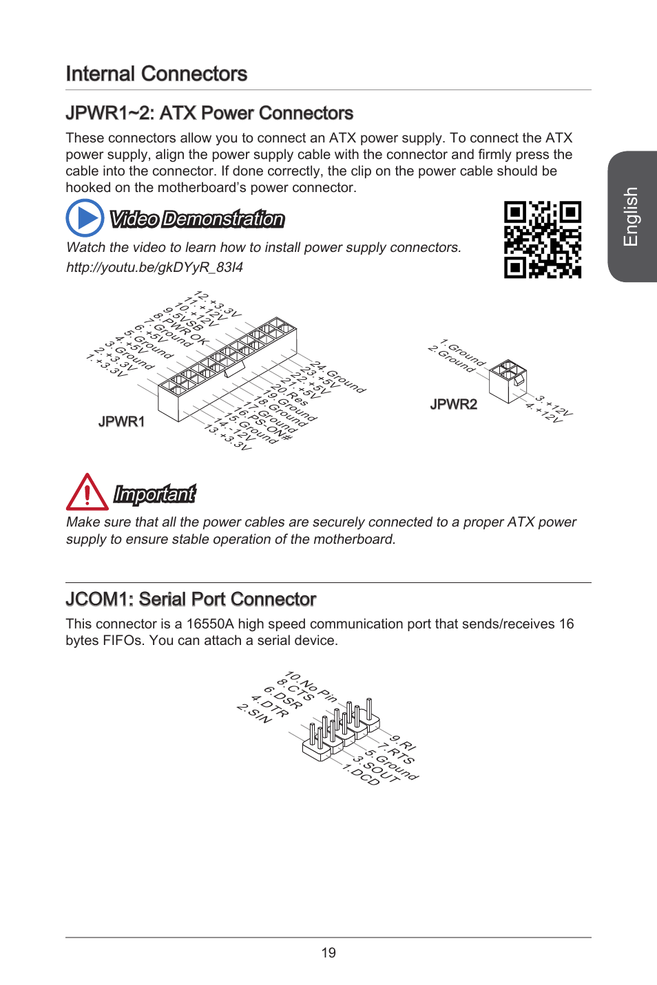 Internal connectors, English, Jpwr~2: atx power connectors | Video demonstration, Important, Jcom: serial port connector | MSI A55M-E35 User Manual | Page 19 / 186