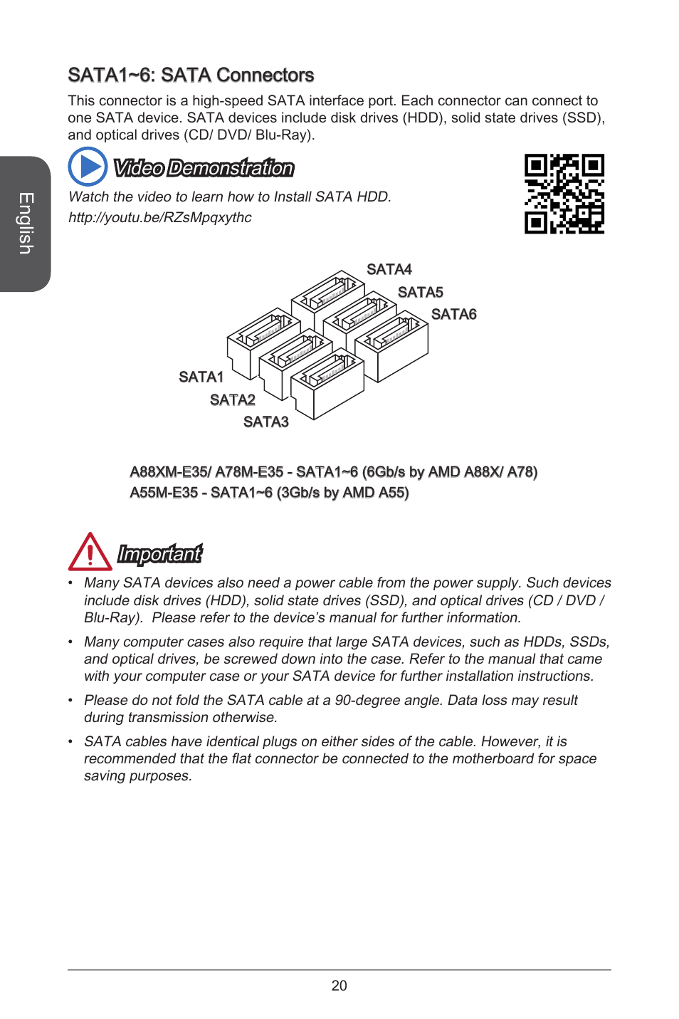 English, Sata~6: sata connectors, Video demonstration | Important | MSI A55M-E35 User Manual | Page 20 / 186