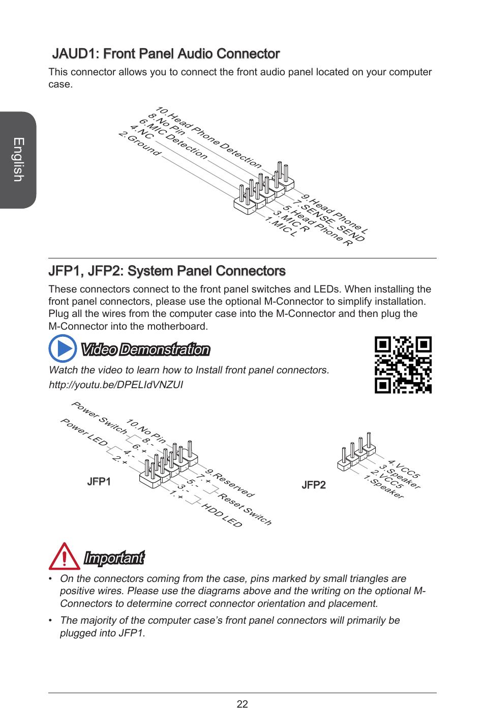 English, Jaud: front panel audio connector, Jfp, jfp2: system panel connectors | Video demonstration, Important | MSI A55M-E35 User Manual | Page 22 / 186