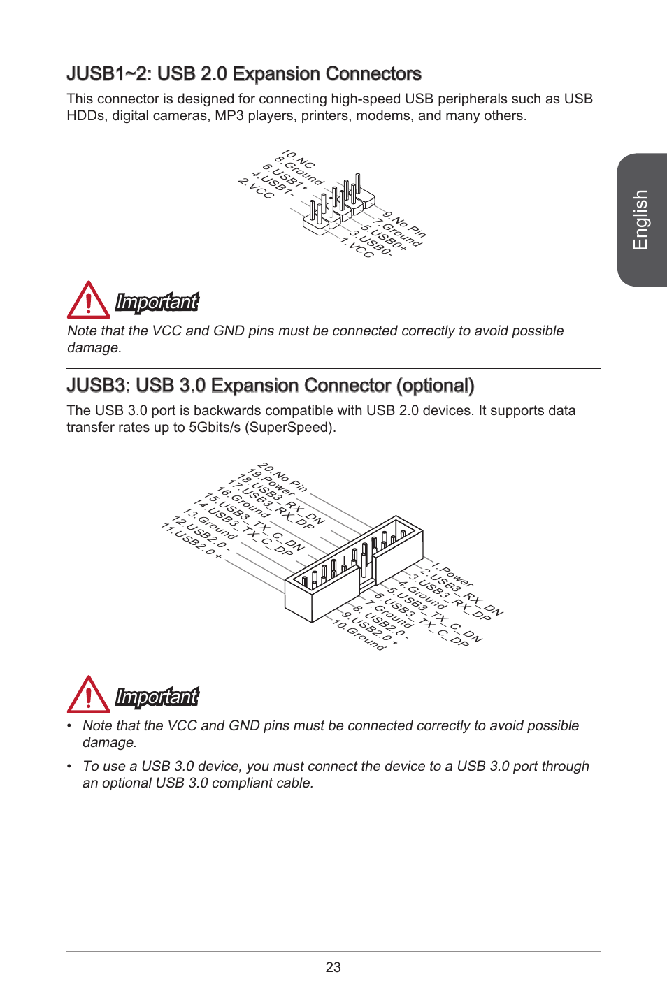 English, Jusb~2: usb 2.0 expansion connectors, Important | Jusb3: usb 3.0 expansion connector (optional) | MSI A55M-E35 User Manual | Page 23 / 186