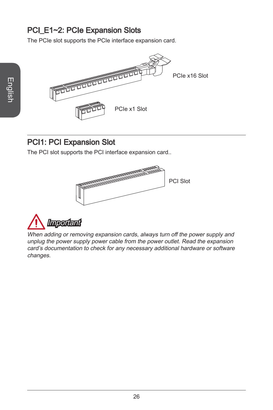 English, Pci_e~2: pcie expansion slots, Pci: pci expansion slot | Important | MSI A55M-E35 User Manual | Page 26 / 186