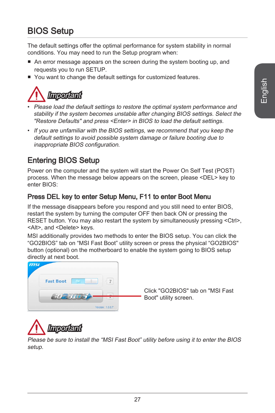 Bios setup, English, Important | Entering bios setup | MSI A55M-E35 User Manual | Page 27 / 186