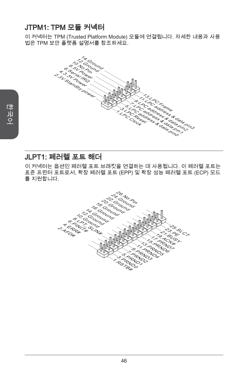 Jtpm: tpm 모듈 커넥터, Jlpt: 페러렐 포트 해더 | MSI A55M-E35 User Manual | Page 46 / 186