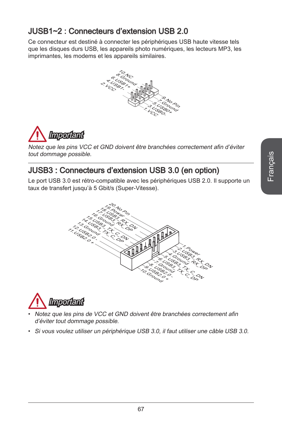 Français, Jusb~2 : connecteurs d’extension usb 2.0, Important | MSI A55M-E35 User Manual | Page 67 / 186