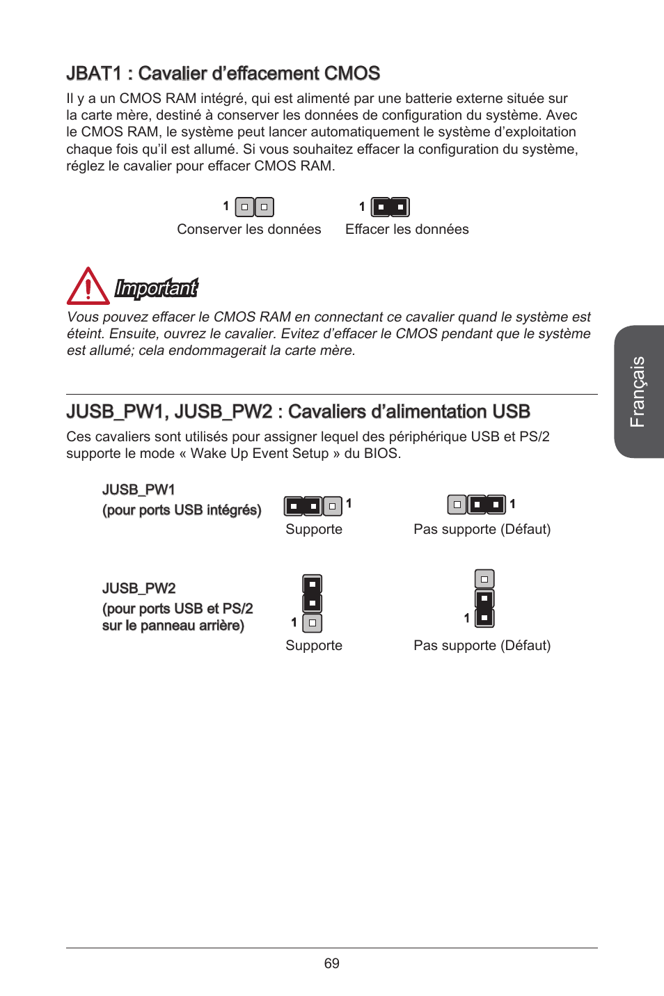 Français, Jbat : cavalier d’effacement cmos, Important | Jusb_pw, jusb_pw2 : cavaliers d’alimentation usb | MSI A55M-E35 User Manual | Page 69 / 186