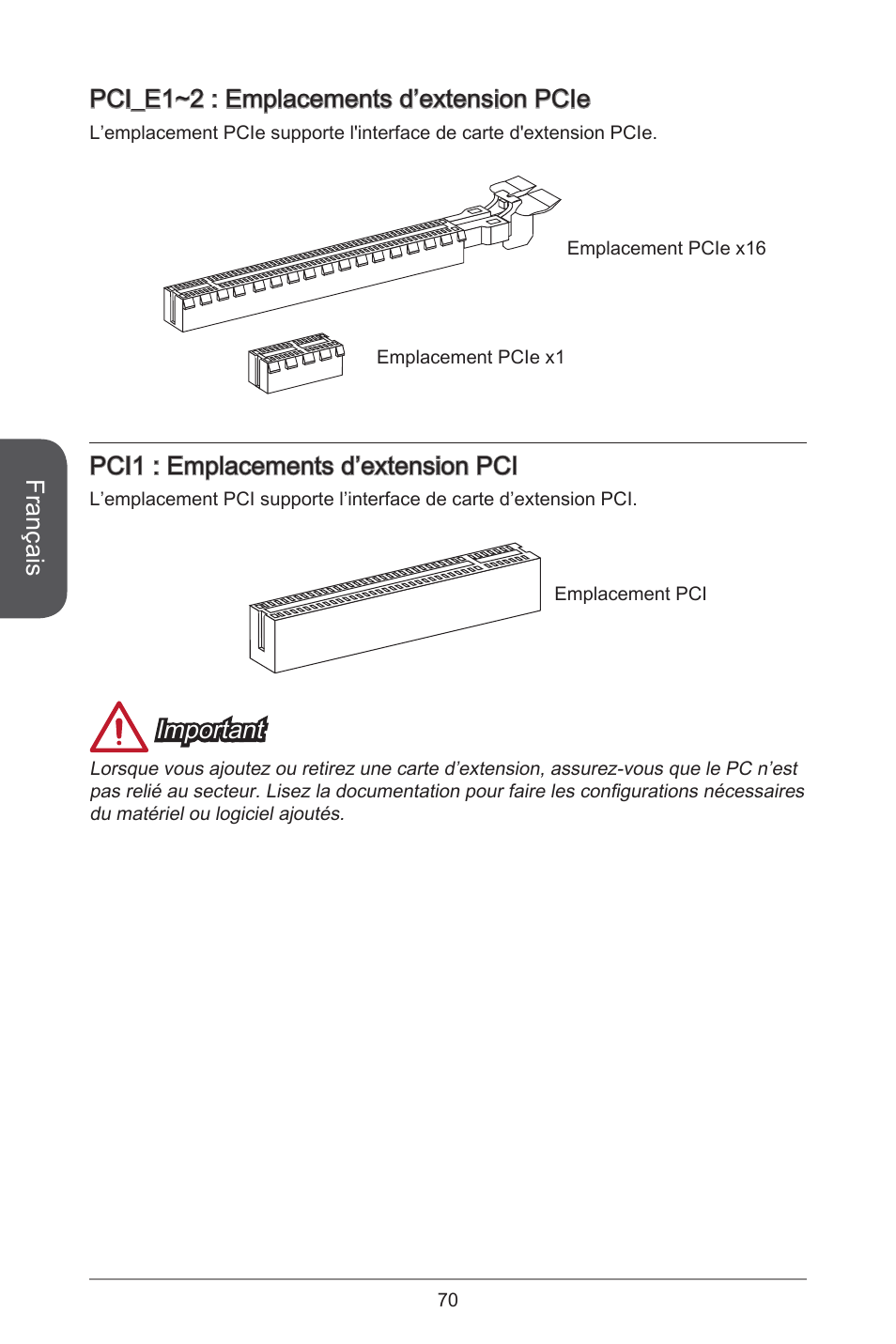 Français, Pci_e~2 : emplacements d’extension pcie, Pci : emplacements d’extension pci | Important | MSI A55M-E35 User Manual | Page 70 / 186
