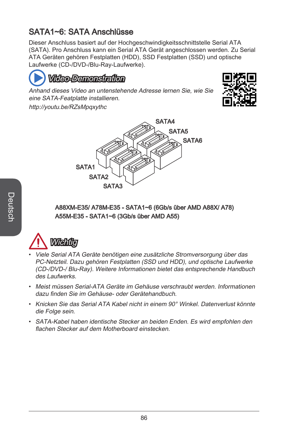 Deutsch, Sata~6: sata anschlüsse, Video-demonstration | Wichtig | MSI A55M-E35 User Manual | Page 86 / 186