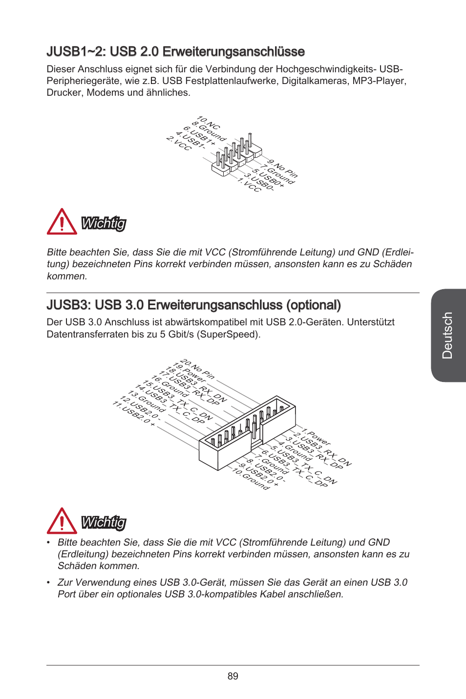 Deutsch, Jusb~2: usb 2.0 erweiterungsanschlüsse, Wichtig | Jusb3: usb 3.0 erweiterungsanschluss (optional) | MSI A55M-E35 User Manual | Page 89 / 186