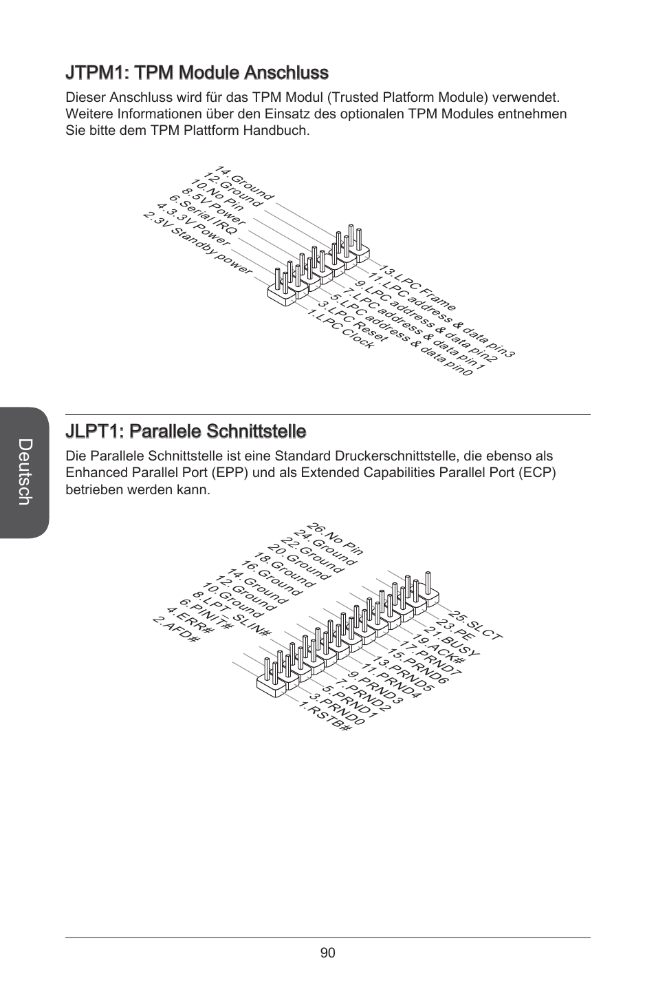 Deutsch, Jtpm: tpm module anschluss, Jlpt: parallele schnittstelle | MSI A55M-E35 User Manual | Page 90 / 186