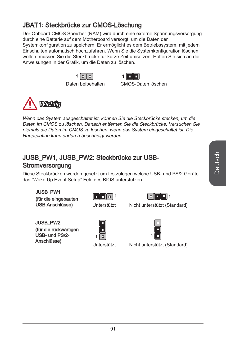 Deutsch, Jbat: steckbrücke zur cmos-löschung, Wichtig | MSI A55M-E35 User Manual | Page 91 / 186