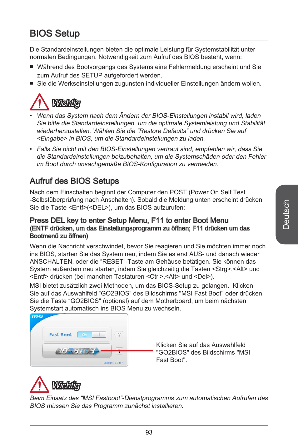 Bios setup, Deutsch, Wichtig | Aufruf des bios setups | MSI A55M-E35 User Manual | Page 93 / 186