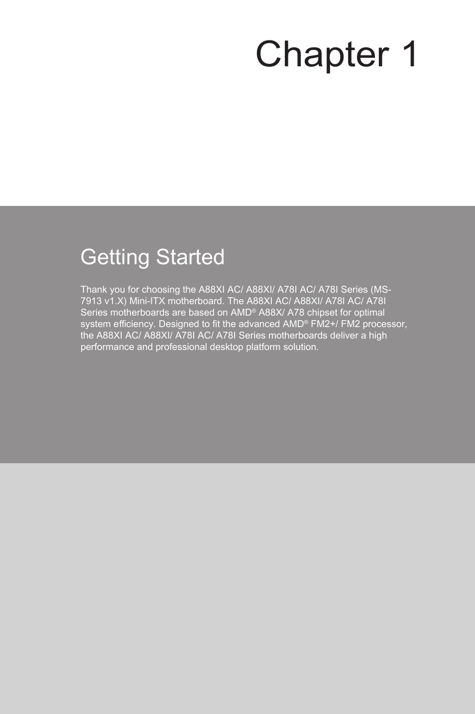 Getting started, Getting started -1, Chapter 1 | MSI A88XI AC User Manual | Page 15 / 94