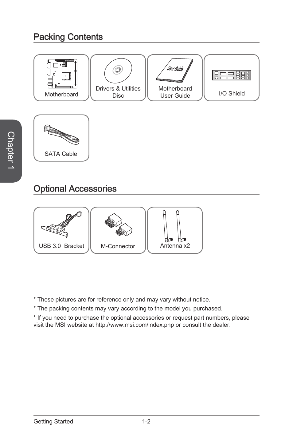 Optional accessories, Packing contents, Packing contents -2 optional accessories -2 | Chapter 1 | MSI A88XI AC User Manual | Page 16 / 94