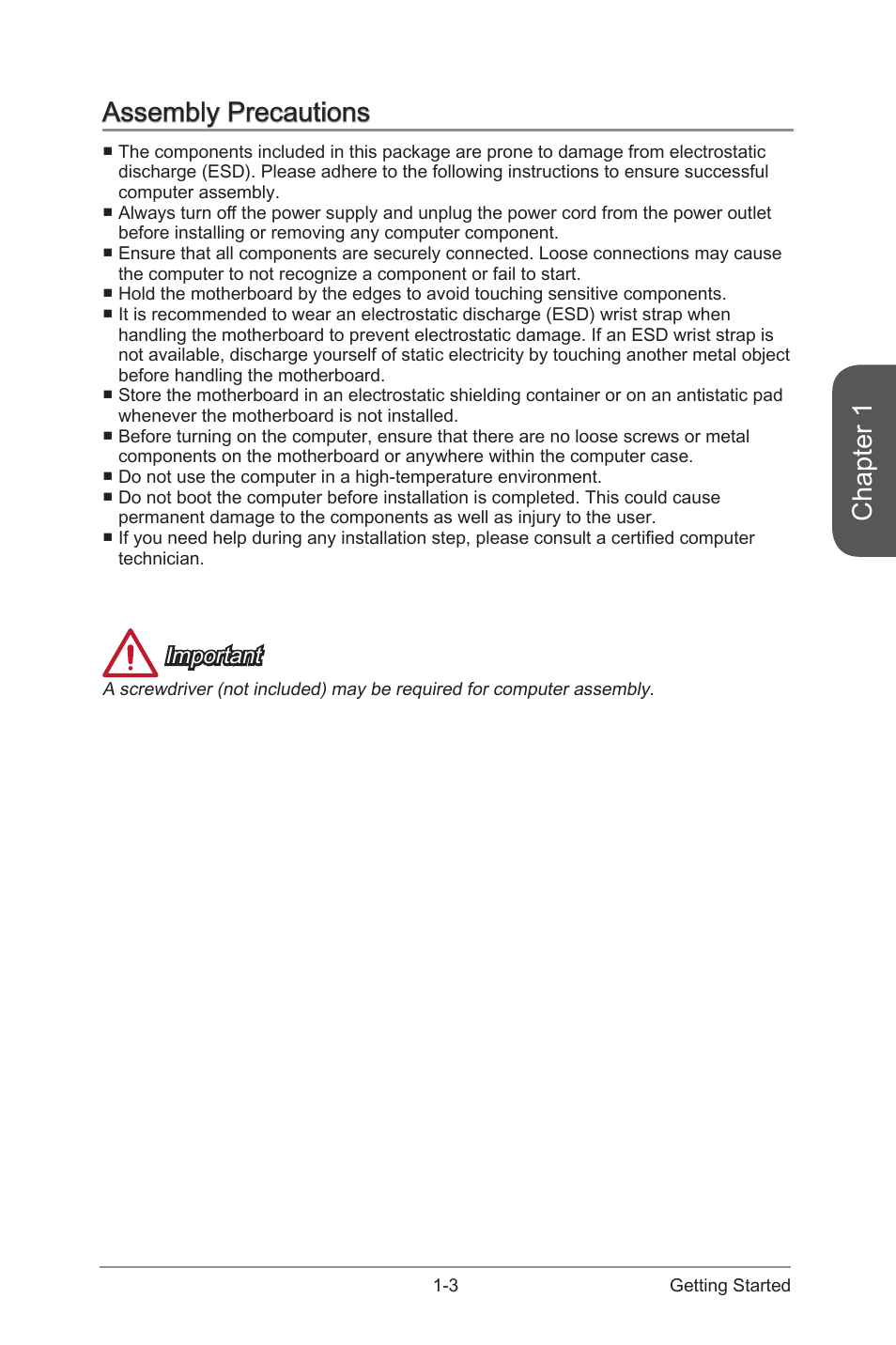 Assembly precautions, Assembly precautions -3, Chapter 1 | Important | MSI A88XI AC User Manual | Page 17 / 94