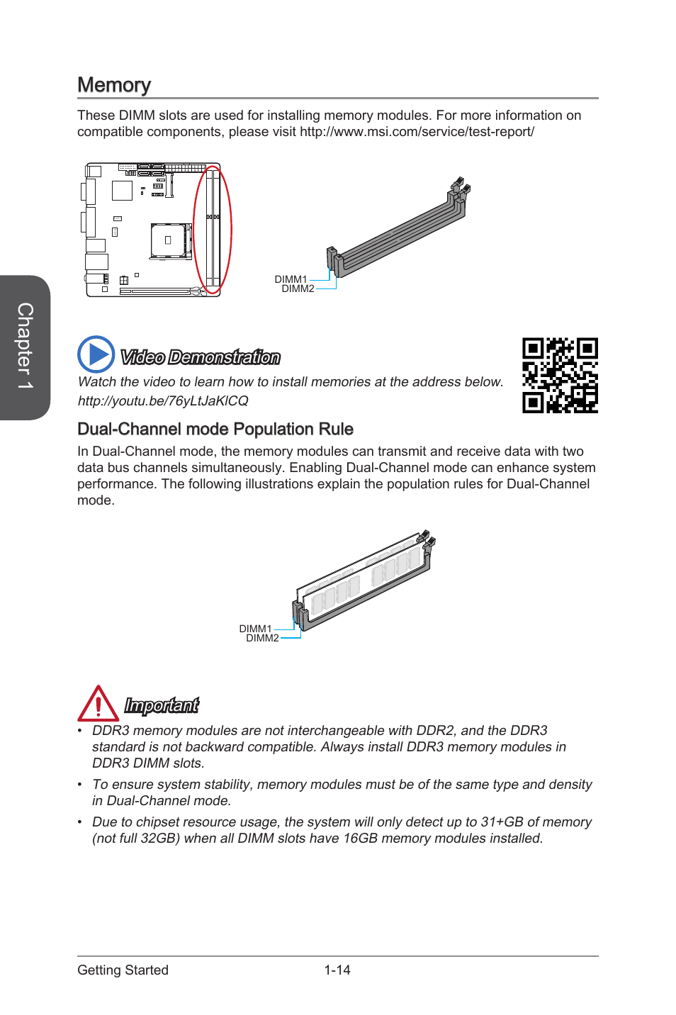 Memory, Dual-channel mode population rule, Memory -14 | Dual-channel mode population rule -14, Chapter 1, Video demonstration, Important | MSI A88XI AC User Manual | Page 28 / 94