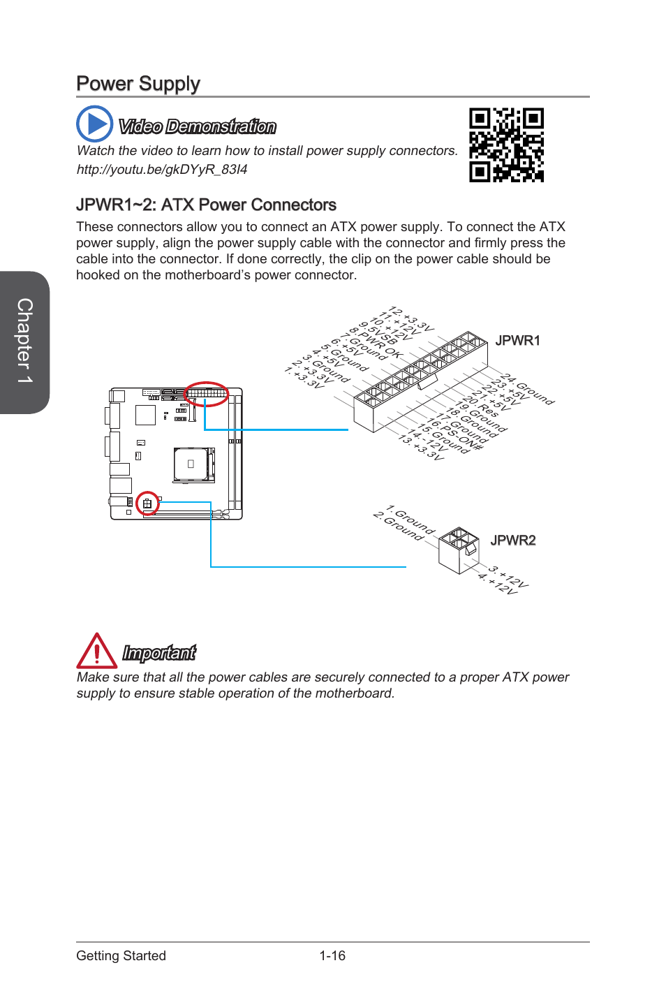 Power supply, Jpwr1~2: atx power connectors, Power supply -16 | Jpwr1~2: atx power connectors -16, Jpwr1~2, Atx power connectors, Chapter 1, Video demonstration, Important | MSI A88XI AC User Manual | Page 30 / 94