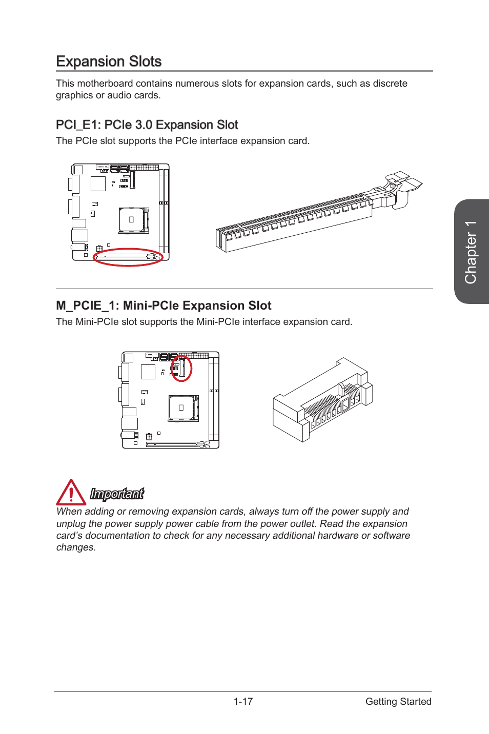 Expansion slots, Pci_e1: pcie 3.0 expansion slot, M_pcie_1: mini-pcie expansion slot | M_pcie-1: mini-pcie expansion slot, Expansion slots -17, M_pcie_1, Mini-pcie expansion slot, Pci_e1, Pcie 3.0 expansion slot, Chapter 1 | MSI A88XI AC User Manual | Page 31 / 94