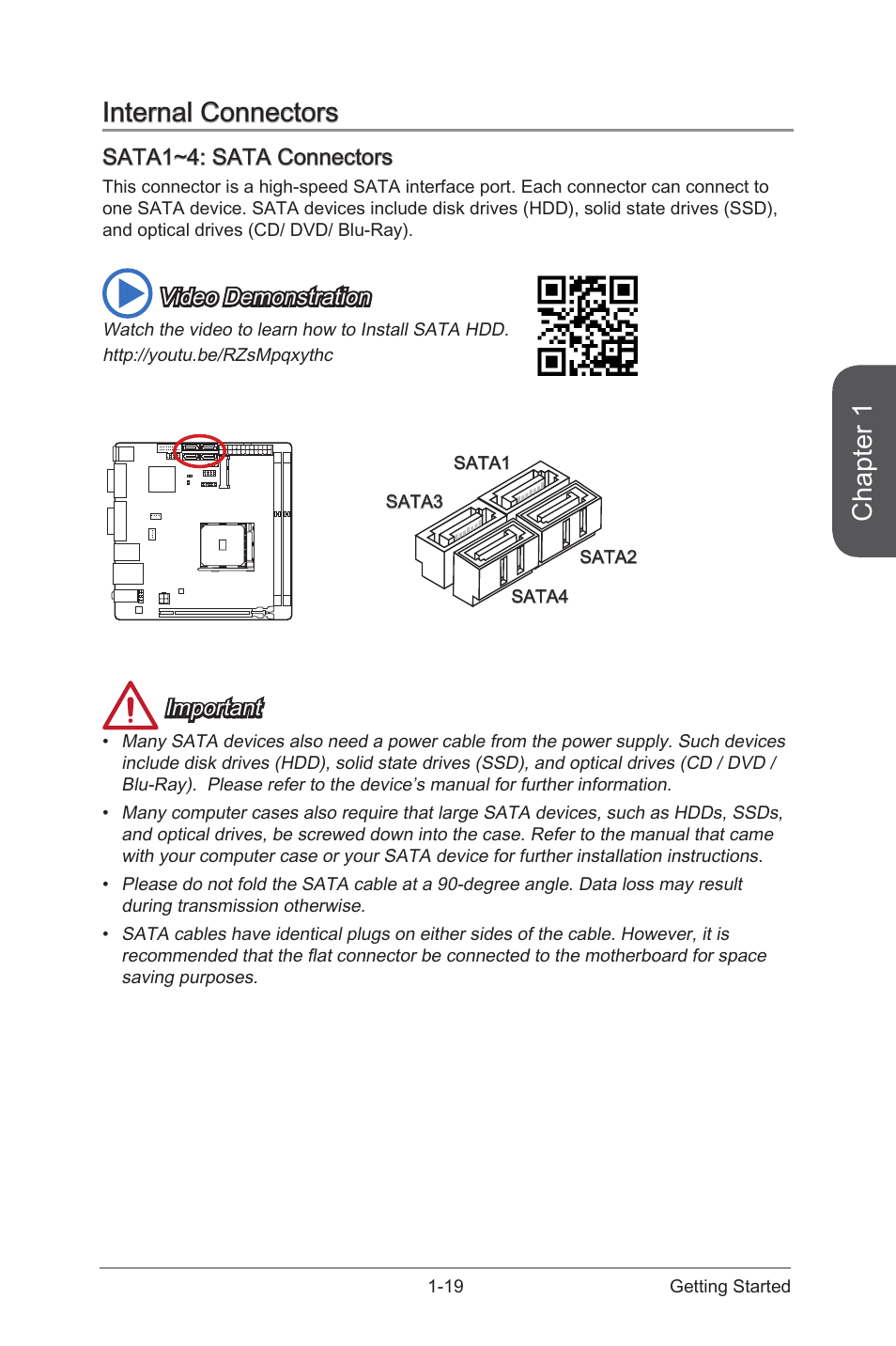 Internal connectors, Sata1~4: sata connectors, Internal connectors -19 | Sata1~4: sata connectors -19, Sata1~4, Sata connectors, Chapter 1, Video demonstration, Important | MSI A88XI AC User Manual | Page 33 / 94