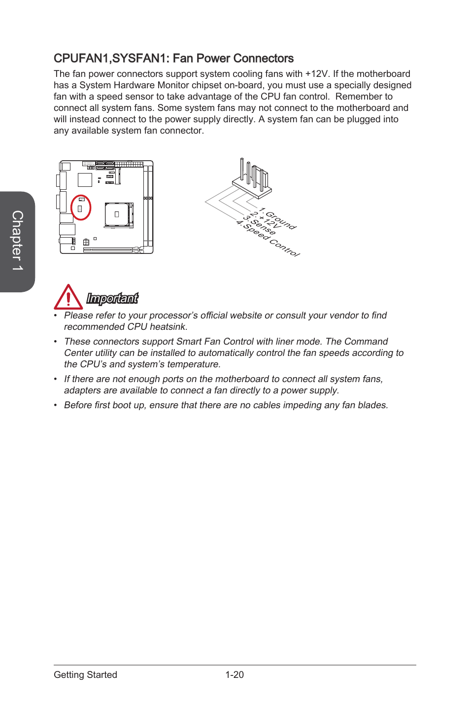 Cpufan1,sysfan1: fan power connectors, Cpufan1,sysfan1: fan power connectors -20, Cpufan1,sysfan1 | Fan power connectors, Chapter 1, Important | MSI A88XI AC User Manual | Page 34 / 94