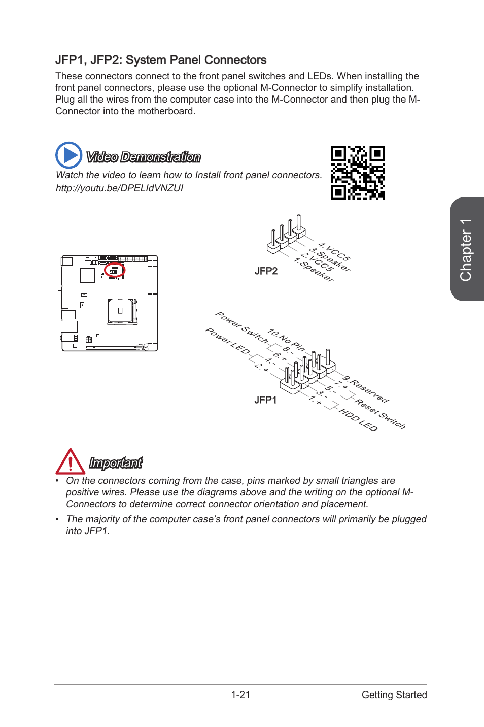 Jfp1, jfp2: system panel connectors, Jfp1, jfp2: system panel connectors -21, Jfp1, jfp2 | System panel connectors, Chapter 1, Video demonstration, Important | MSI A88XI AC User Manual | Page 35 / 94