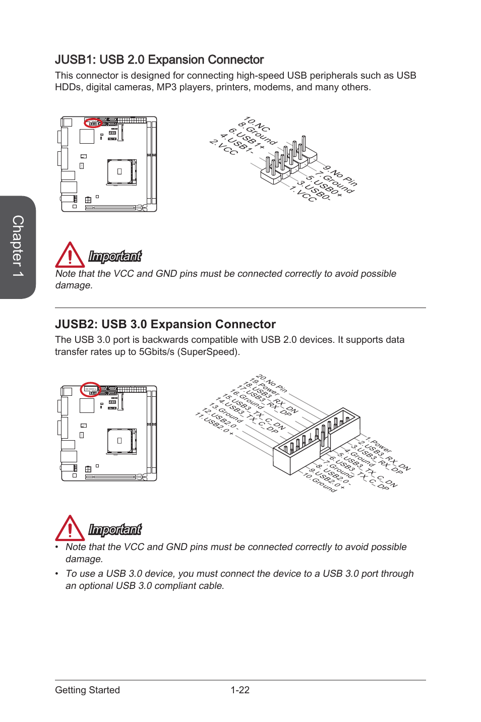 Jusb1: usb 2.0 expansion connector, Jusb2: usb 3.0 expansion connector, Jusb1 | Usb 2.0 expansion connector, Jusb2, Usb 3.0 expansion connector, Chapter 1, Important | MSI A88XI AC User Manual | Page 36 / 94