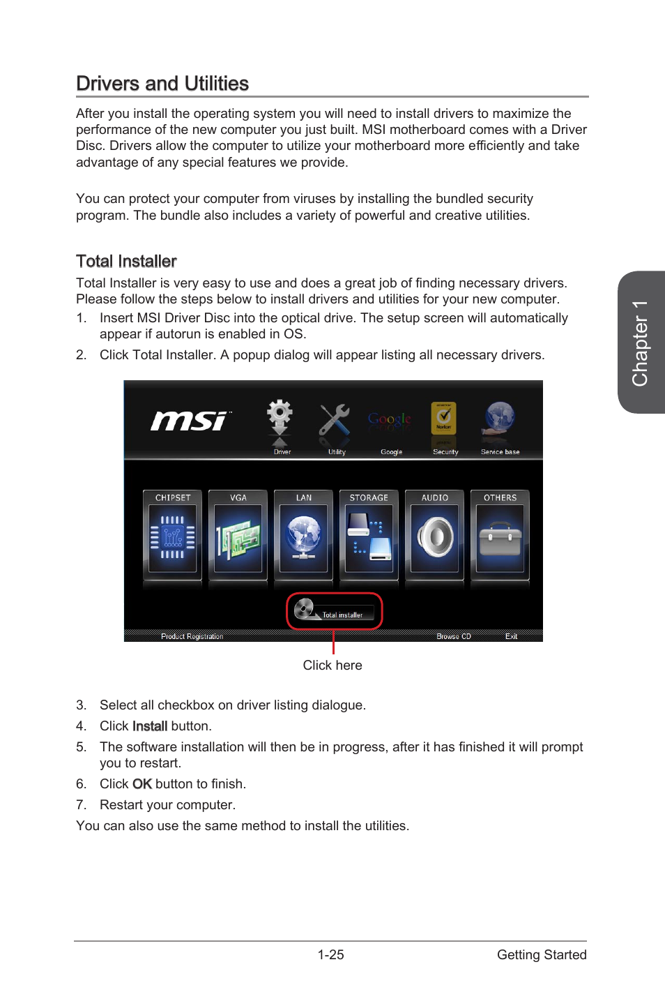 Drivers and utilities, Total installer, Drivers and utilities -25 | Total installer -25, Chapter 1 | MSI A88XI AC User Manual | Page 39 / 94